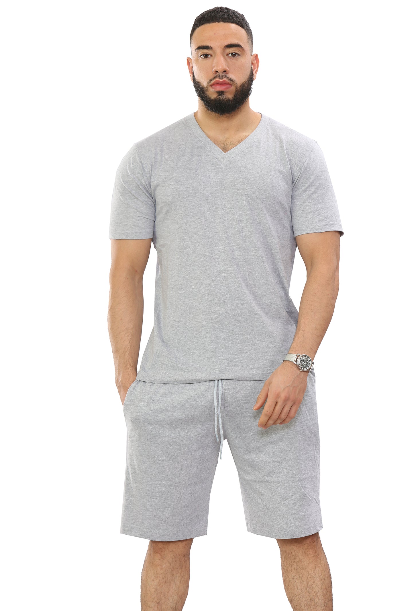 Mens V-Neck T-shirt & Short Set Top & Fleece Shorts