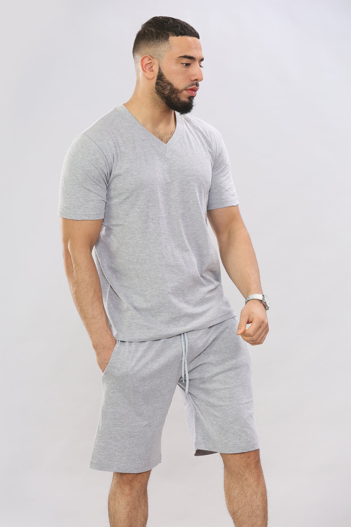 Mens V-Neck T-shirt & Short Set Top & Fleece Shorts