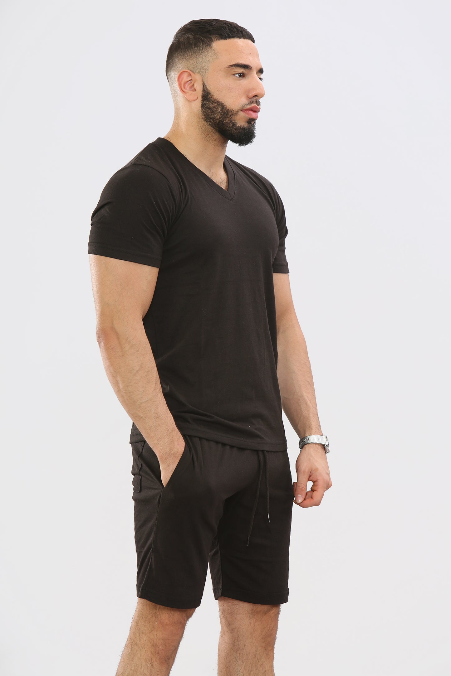 Mens V-Neck T-shirt & Short Set Top & Fleece Shorts