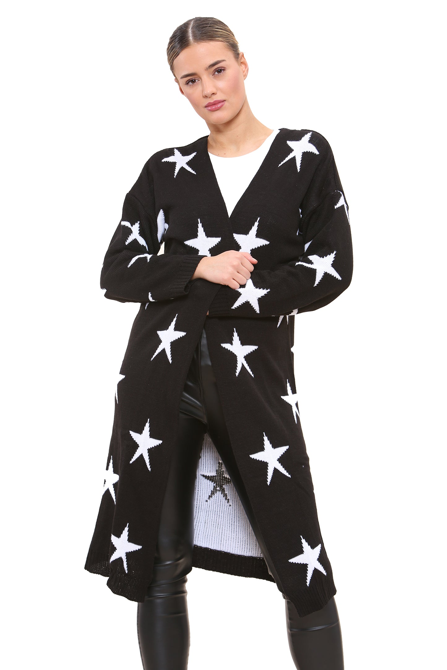 Style Moda Women's Star Print Knitwear Long Cardigan