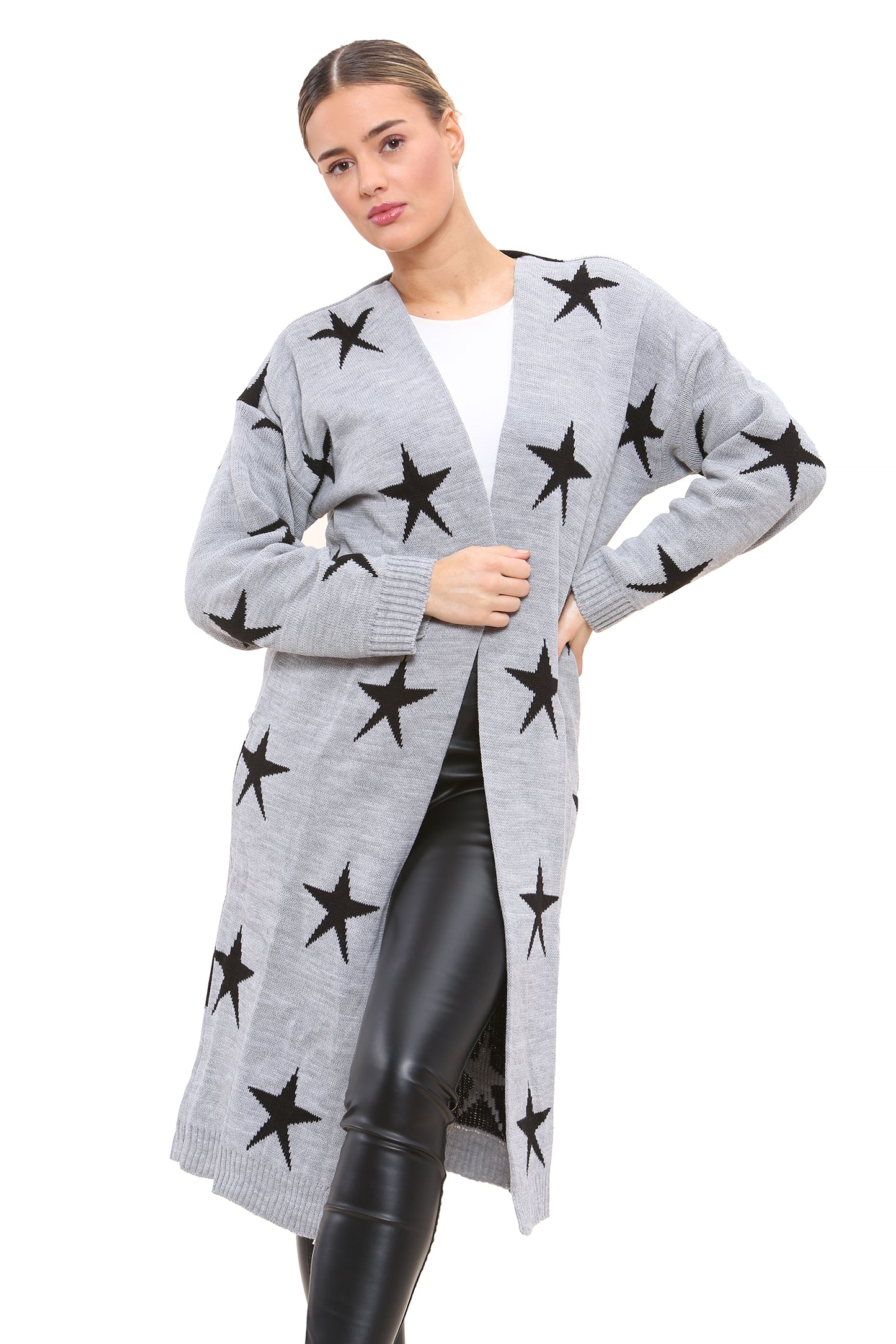 Style Moda Women's Star Print Knitwear Long Cardigan