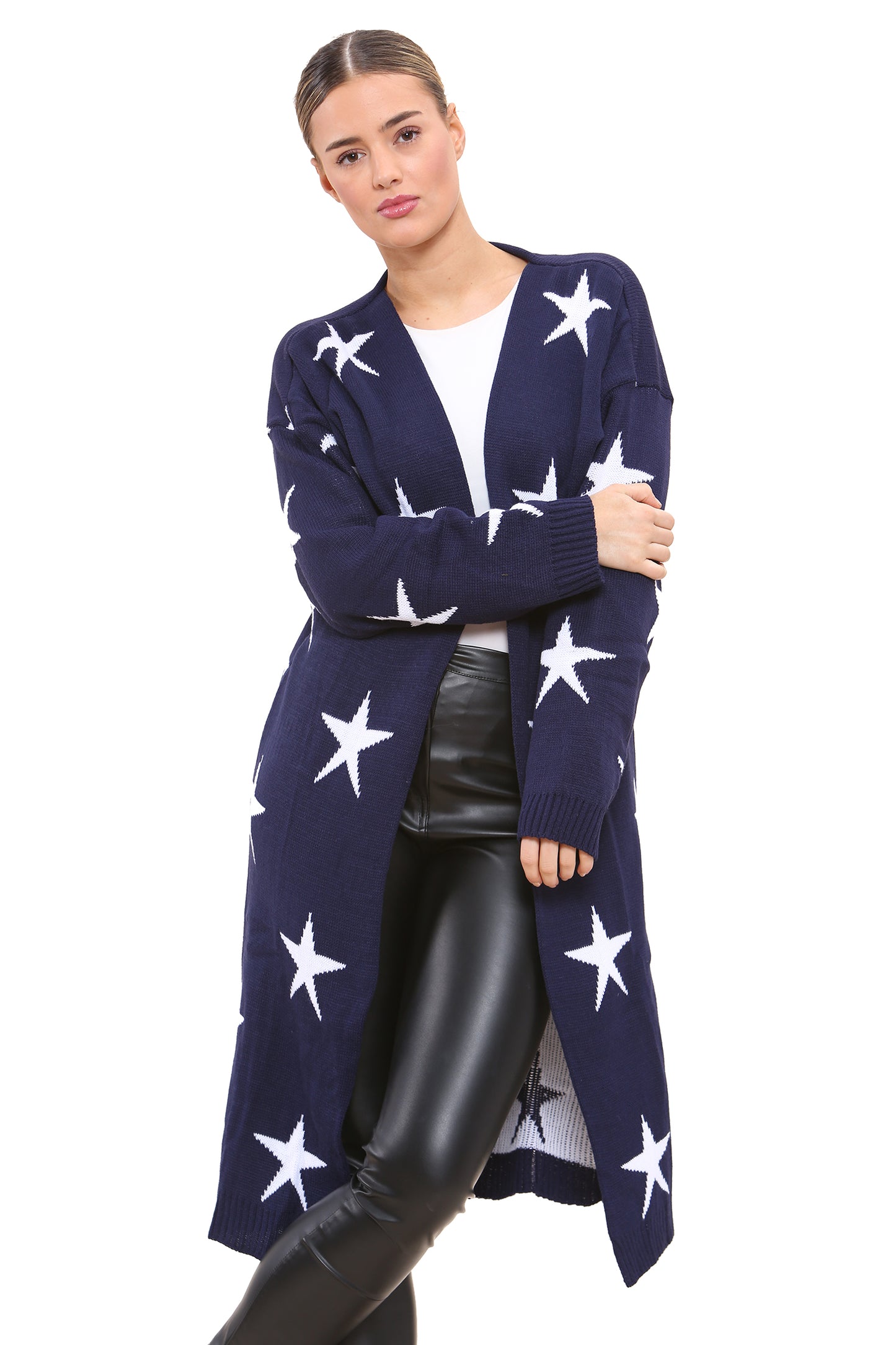 Style Moda Women's Star Print Knitwear Long Cardigan