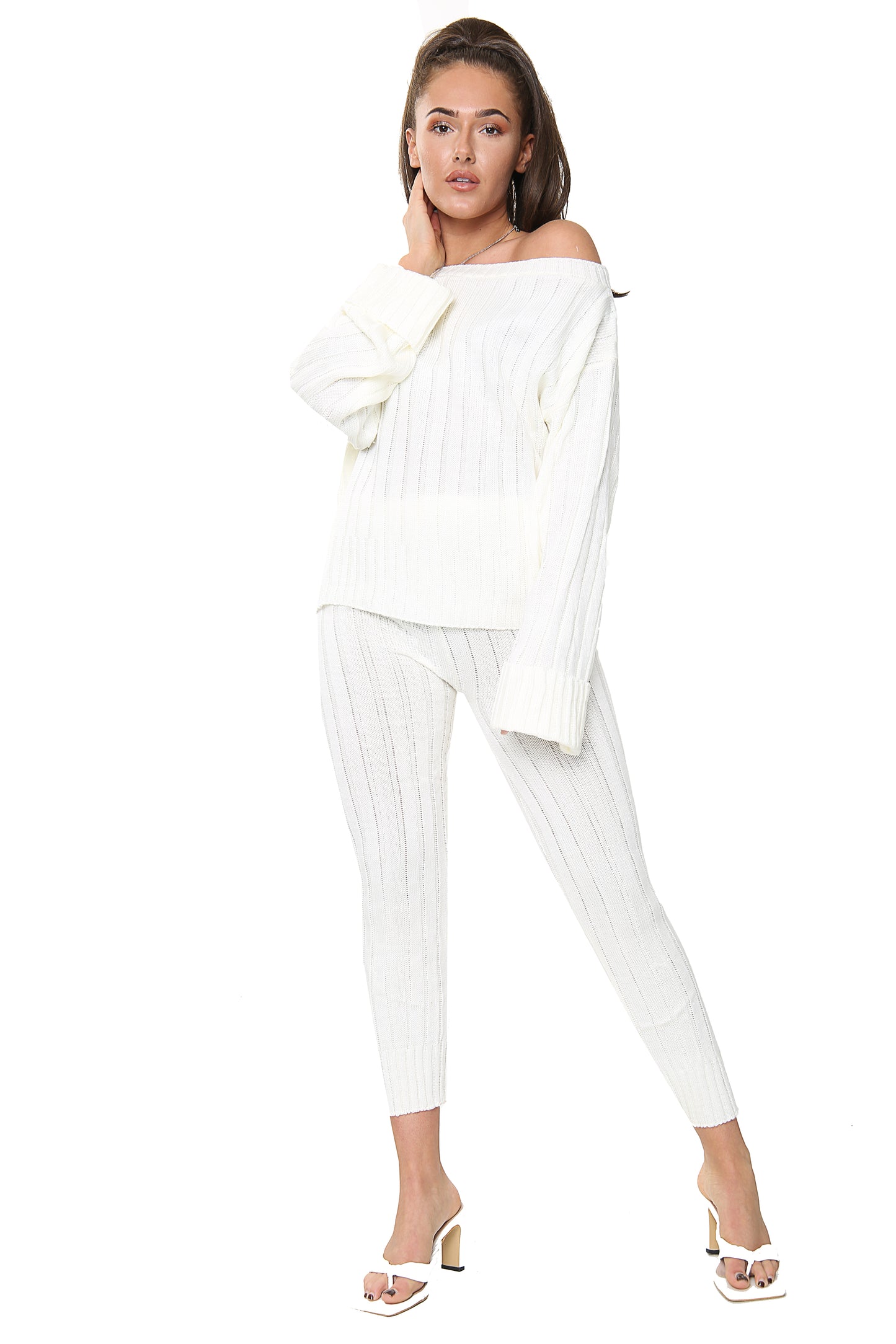 Style Moda Ladies Ribbed Knitted Off Shoulder Co-Ord Set