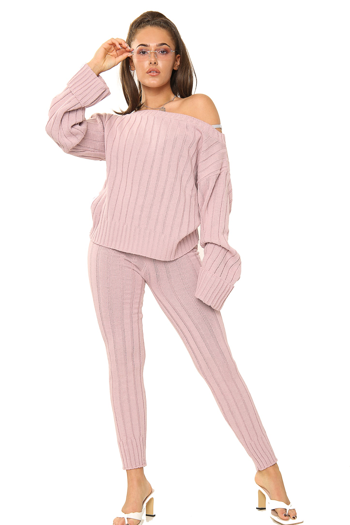 Style Moda Ladies Ribbed Knitted Off Shoulder Co-Ord Set