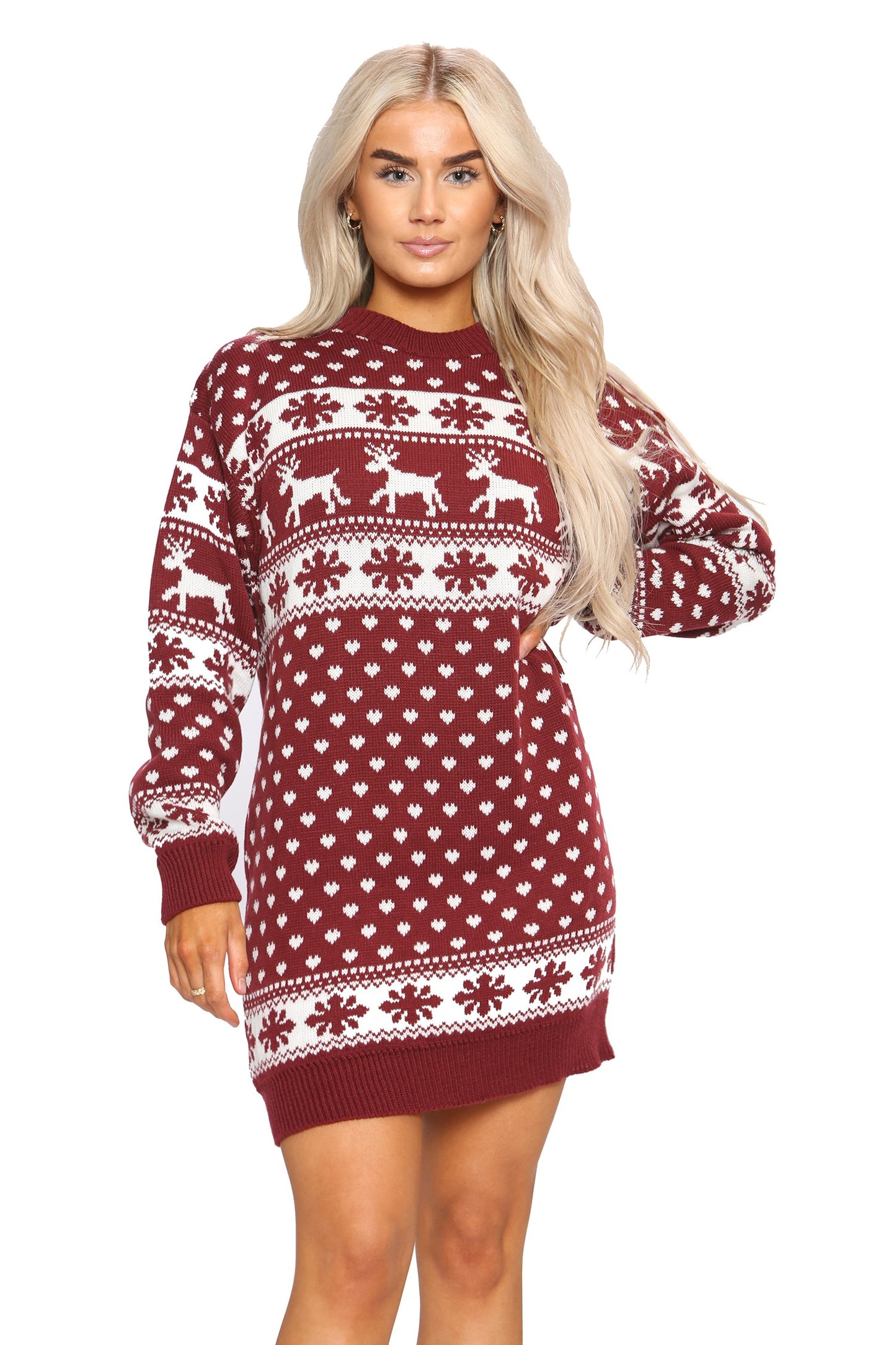 Womens Xmas Reindeers And Snowflake Christmas Knitted Jumper Dress One Size