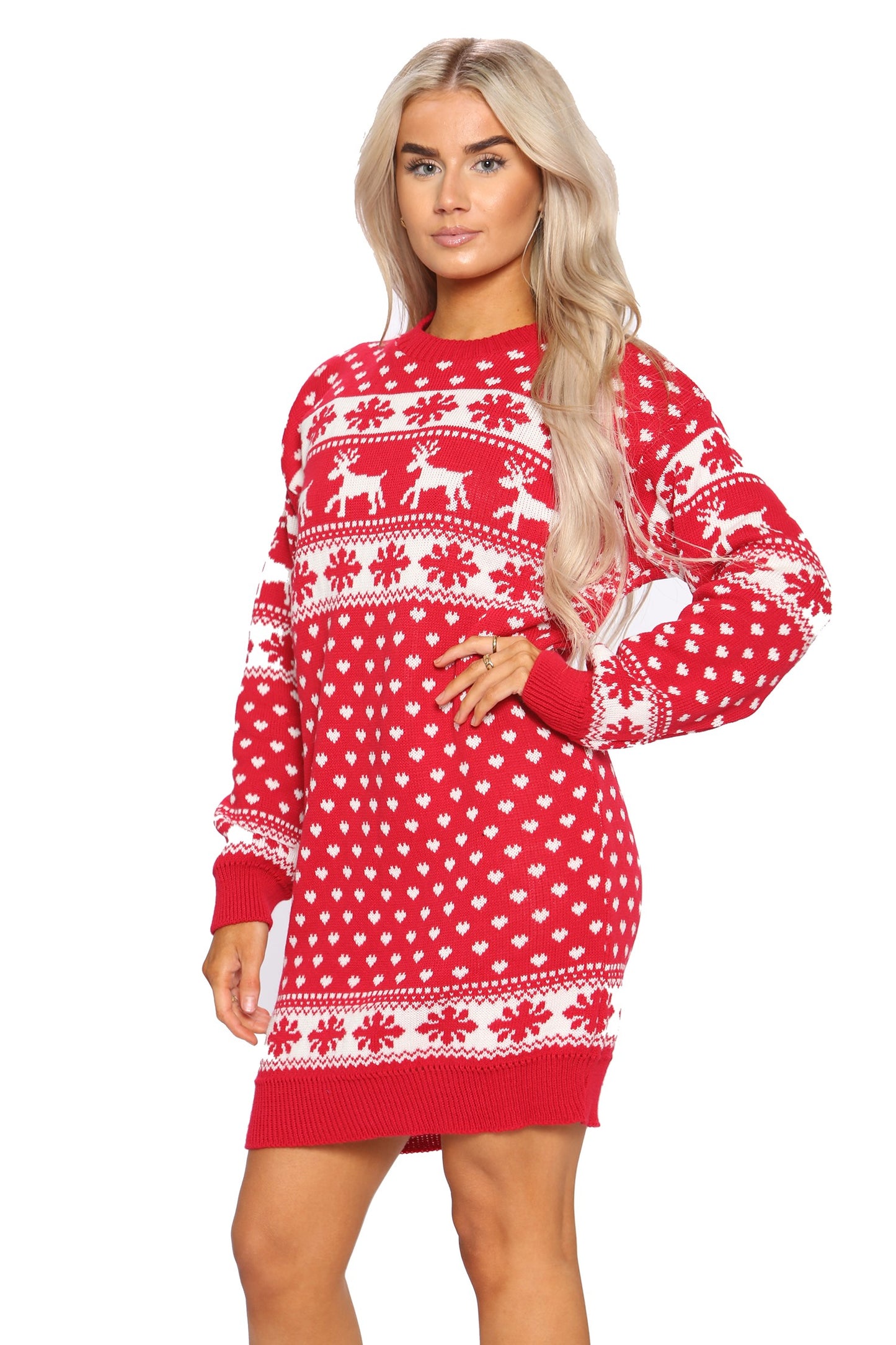 Womens Xmas Reindeers And Snowflake Christmas Knitted Jumper Dress One Size